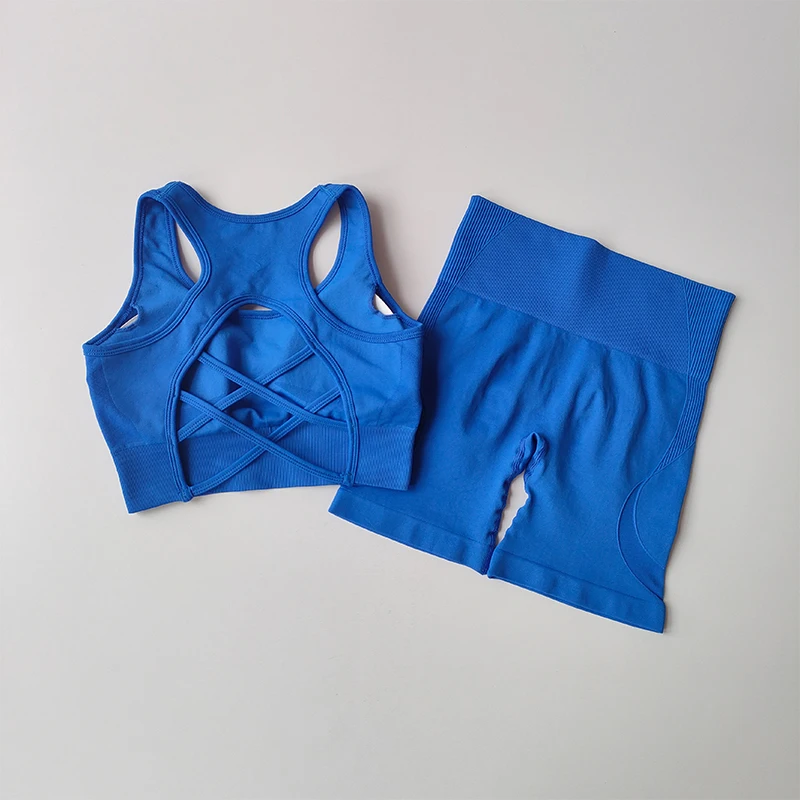 Hochgeschnittenes und hüftformendes Fitness-Set für Frauen mit schönem Rücken-Sport-BH, Yoga-Kleid, enganliegender Trainings- und Sport-Shorts-Kombination – Detail 5