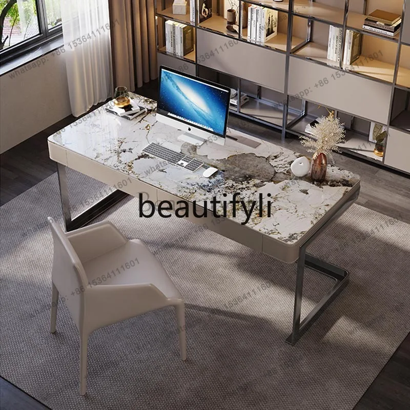 HJ Italian Minimalist Modern Designer Rock Plate Office Desk Chair High-end Study Saddle Leather Writing Computer Desk