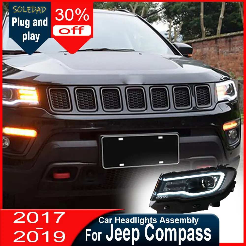 

Фары для Jeep Compass 2017-2019 годов, модифицированные, с LED-дневными ходовыми огнями, указателями поворота, ксеноном и двойной линзой.