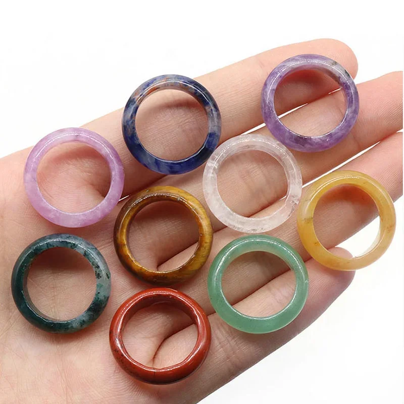 15pcs Assorted Men Wide 6mm Circle Band Agates Stone Rings Kallaite Opal Tiger's Eye Pink Crystal Women Ring Party Gift