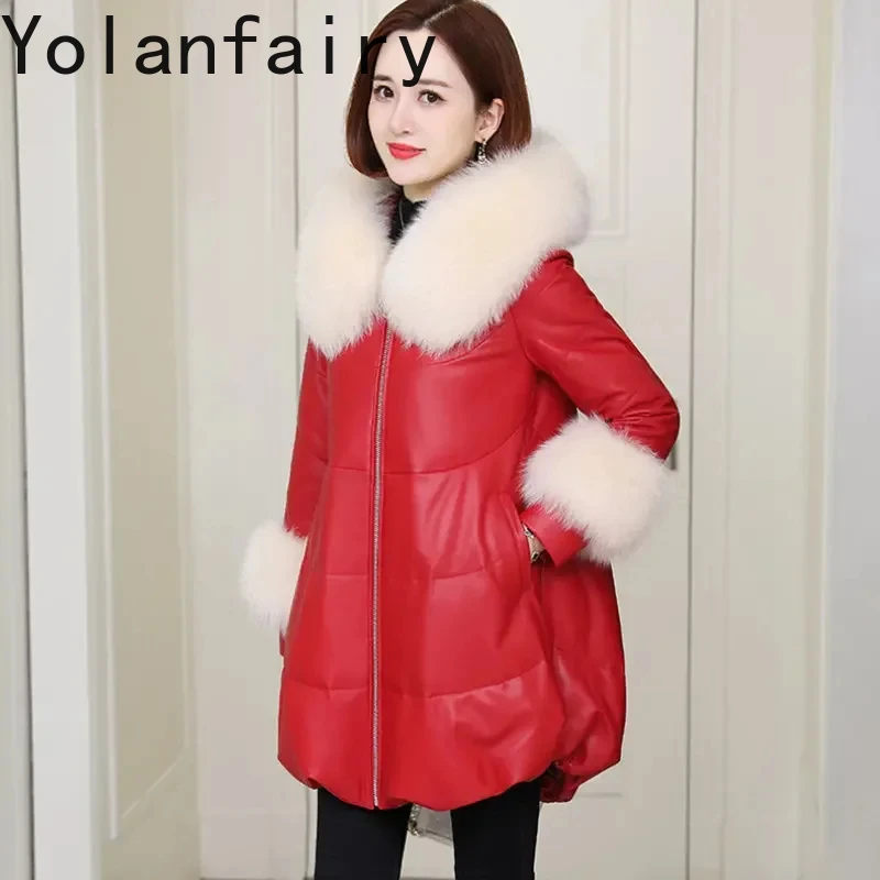 Real Leather Jacket for Women Winter Hooded Down Coats Fox Fur Collar Genuine Sheepskin Leather Jackets Woman Loose Down Jackets