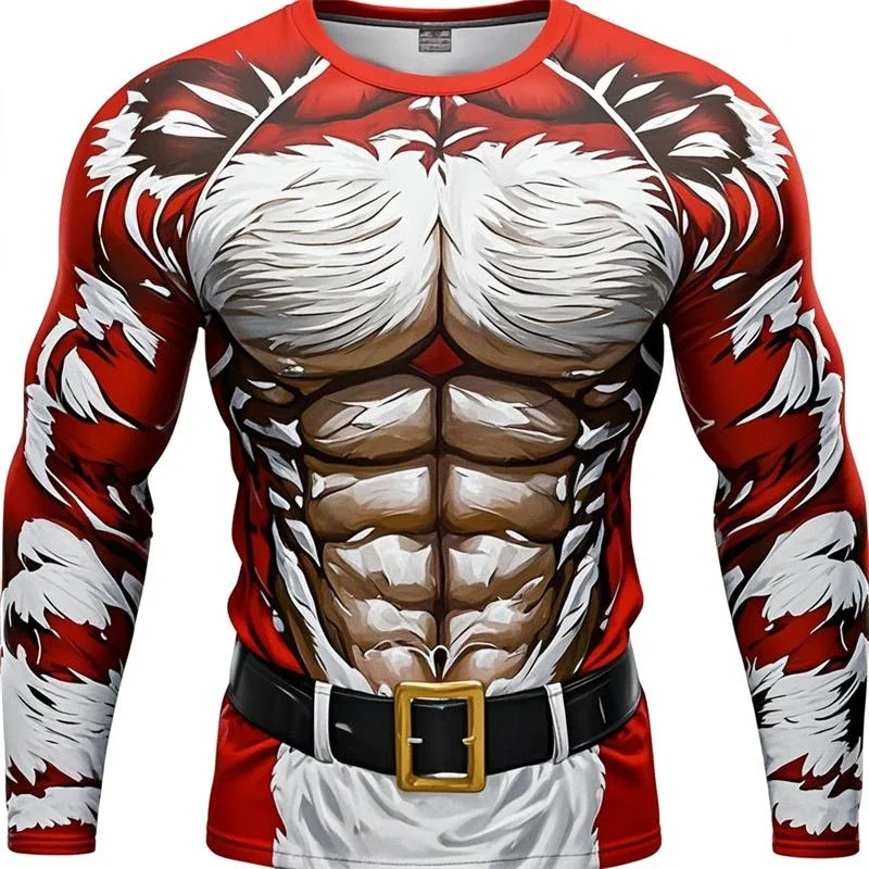 Men 3D All Over Print Santa Muscle Long Sleeve Tee Christmas Fake Abs Graphic Shirt Xmas Funny Costume Holiday Party Tops