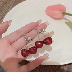 Cute Red Transparent Cherry Branches and Leaves Earrings New Fashion Black Crystal Earring for Women Party Jewelry Summer Gift