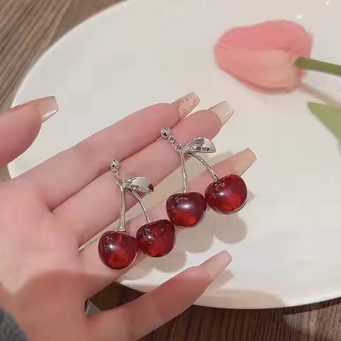 Cute Red Transparent Cherry Branches and Leaves Earrings New Fashion Black Crystal Earring for Women Party Jewelry Summer Gift