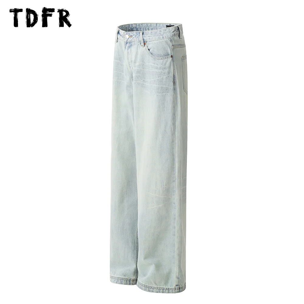 Water Ripples Washed Distressed Jeans Mens Retro Streetwear Straight Loose Denim Pants Men Trousers