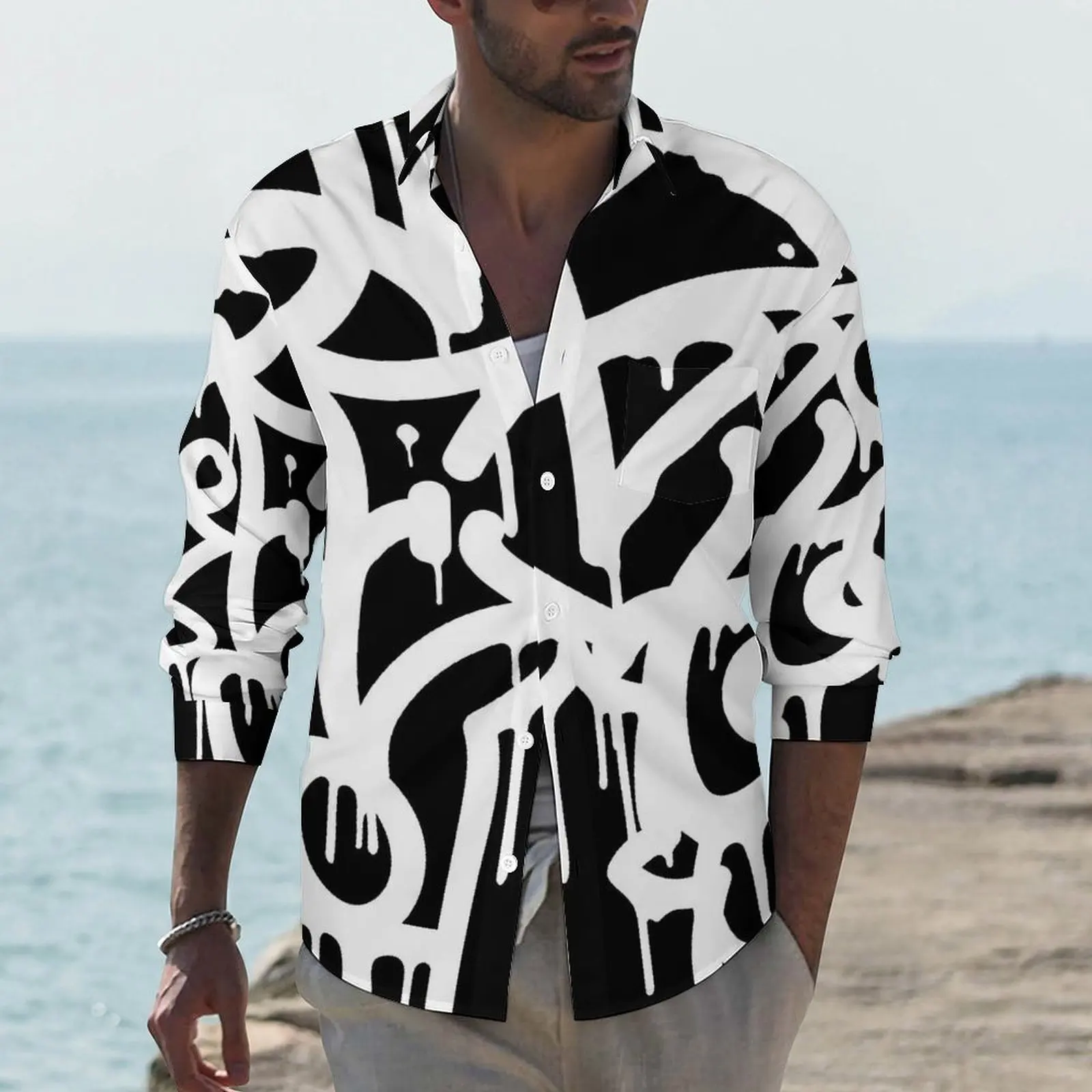 

Рубашка мужская повседневная с длинным рукавом, блузка с принтом в стиле абстрактного искусства, черно-белая с граффити, Y2K, одежда на весну 3XL, 4XL