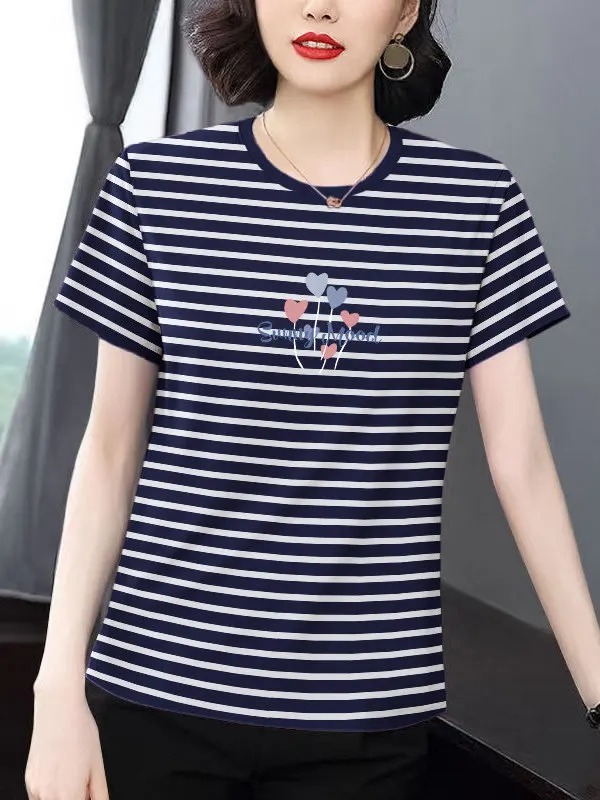 

Slimming Stripe Short Sleeve T-Shirt Women Summer Loose Fit Fashionable round Neck Thin Top Mom Casual Cotton Blend Shirt