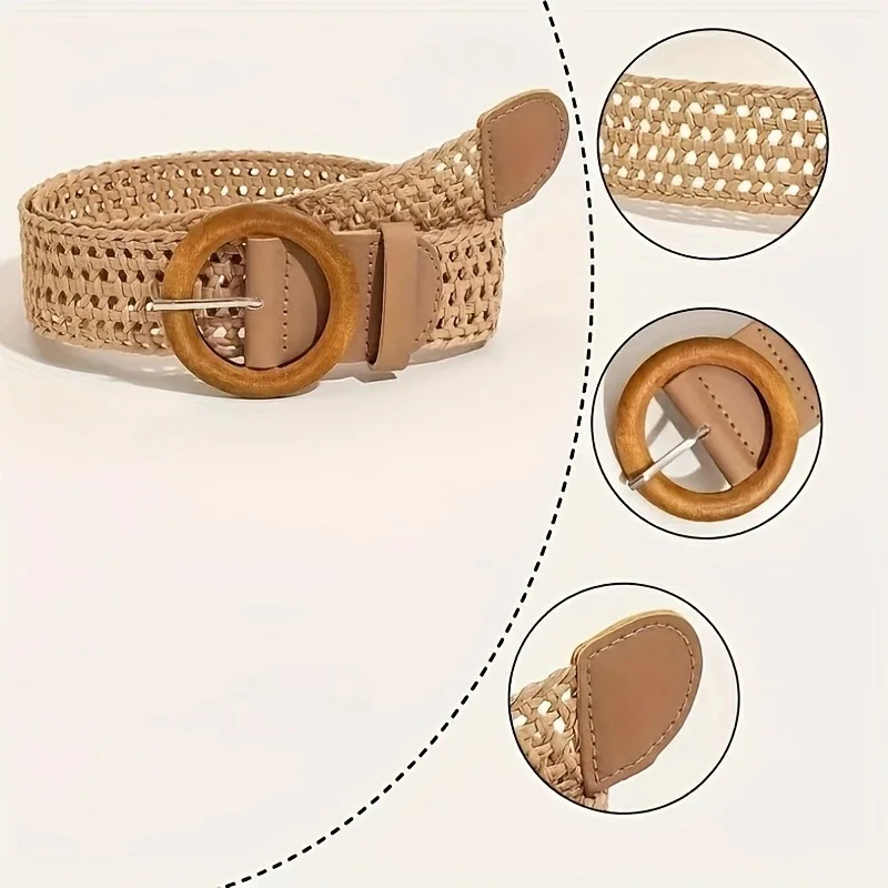 New Woven Waistband for Women Retro Cotton and Linen Ethnic Style Dress Waist Closure Round Buckle Decorative Waistband