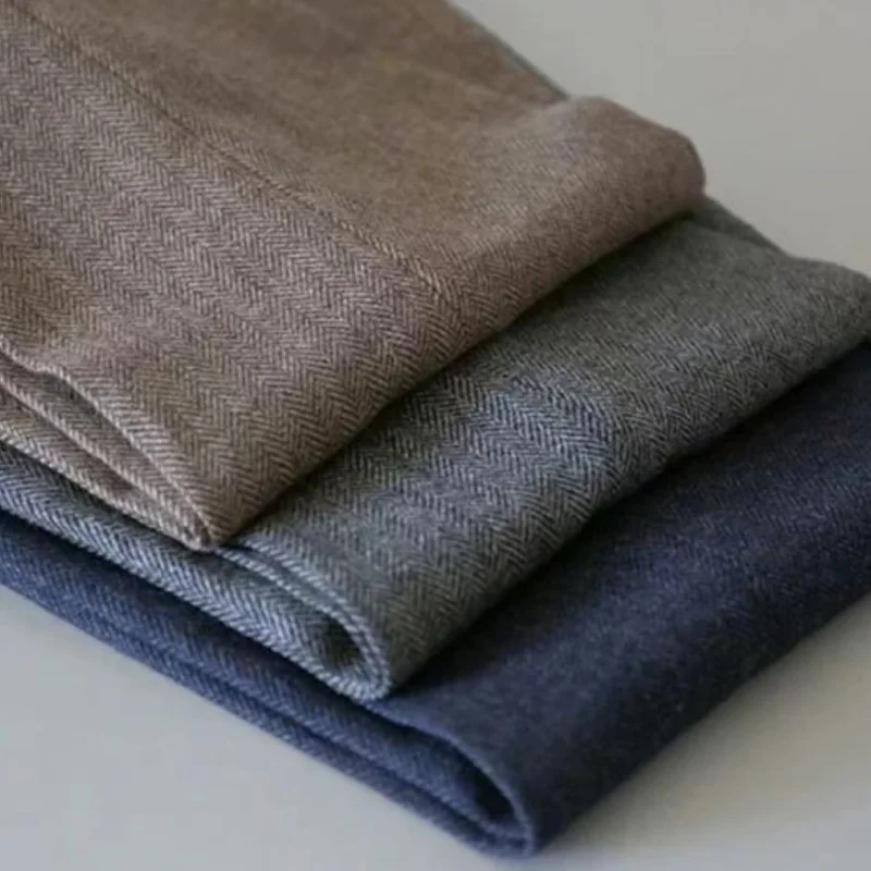 Autumn New Warm Wool Herringbone Casual Trousers British Retro Woolen Loose Straight Pants for Men