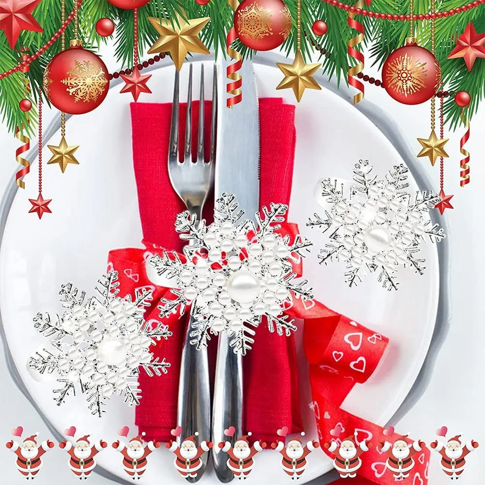 

B69C Napkin Ring-White Pearl Snowflake Napkin Holder Ring Dining Table Ring Family Party 6 Pieces