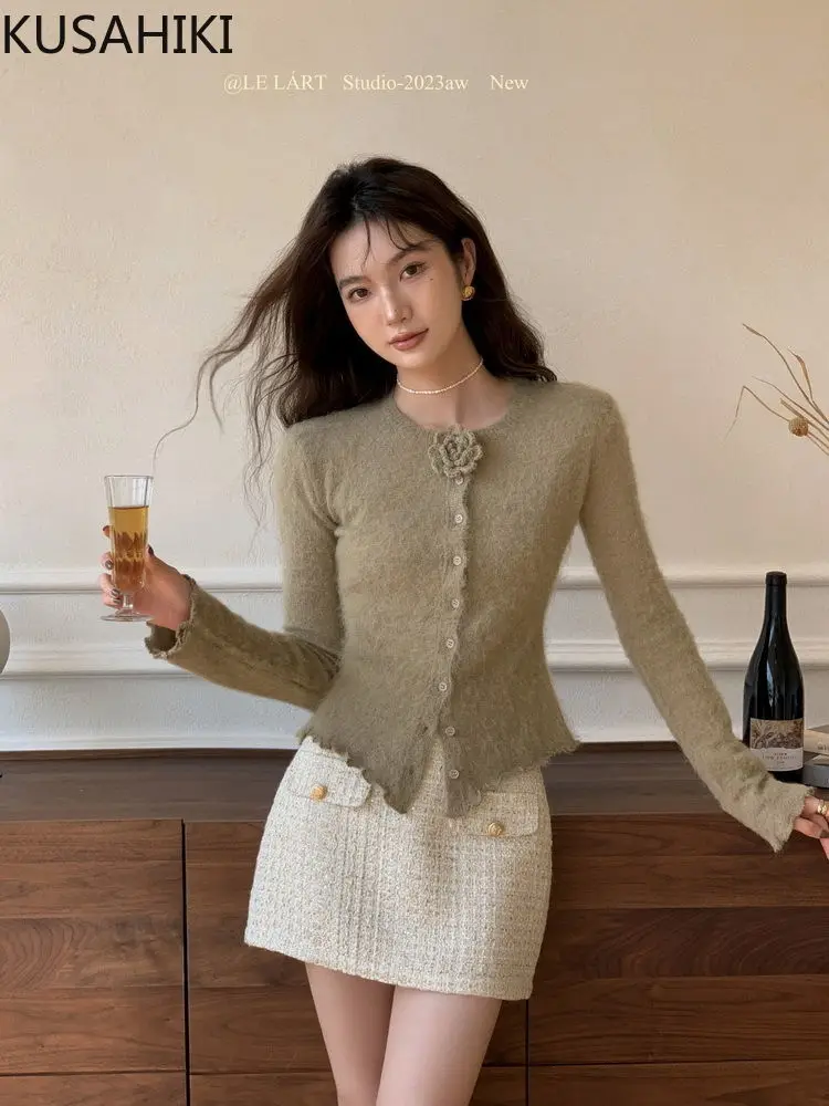 KUSAHIKI 2024 New French Elegant Three-dimensional Flower Slim Fit Sweater Women's Chic Wooden Ear Knitted Cardigan Top