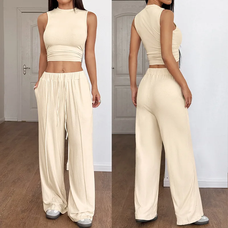 

2025 Fashion Sleeveless Vest and Straight Pants 2-Piece Set Women's Summer Simple Cubic Top + Trousers Women's Set New Style