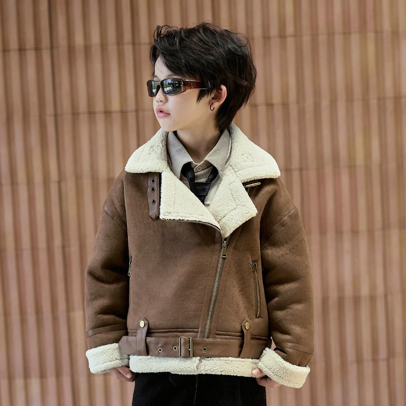 

Children Winter Fleece Leather Coats Boys Thick Faux Fur Jacket Kids Vintage Loose Long Sleeve Warm Lapel Zipper Outwear 2025
