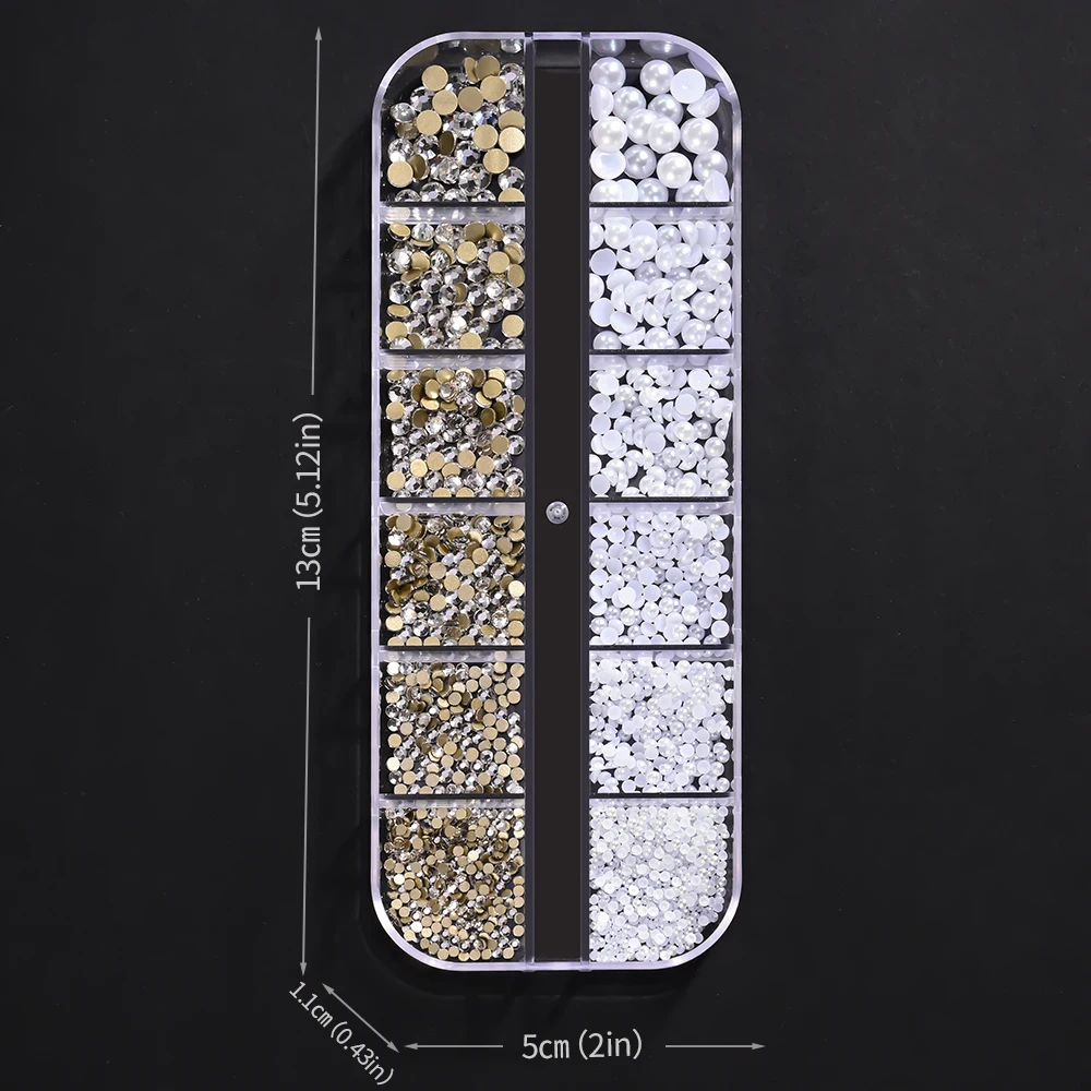 12 Grids Mixed White Pearls Clear Rhinestone for Nail Art Decoration 1.5-4mm Multi Size Half Round Pearls Manicure Accessories