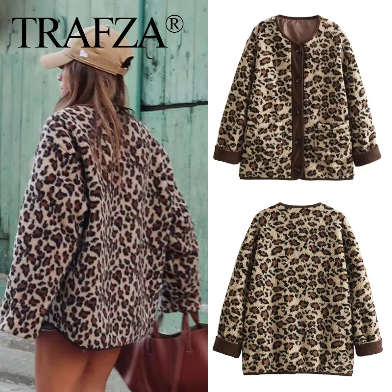 TRAFZA 2024 Women\'s Coat Fashion Vintage Leopard Print Warm Wool Single Breasted Pockets Loose Jackets Woman Chic Streetwear