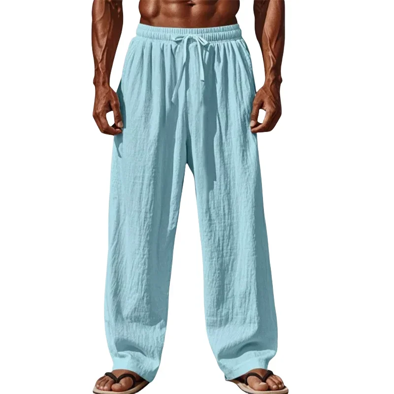 2025 New Men Cotton and Linen Casual Pants Simple and Comfortable Straight Leg Pants Waist Drawstring Plus Size Looser S-5XL