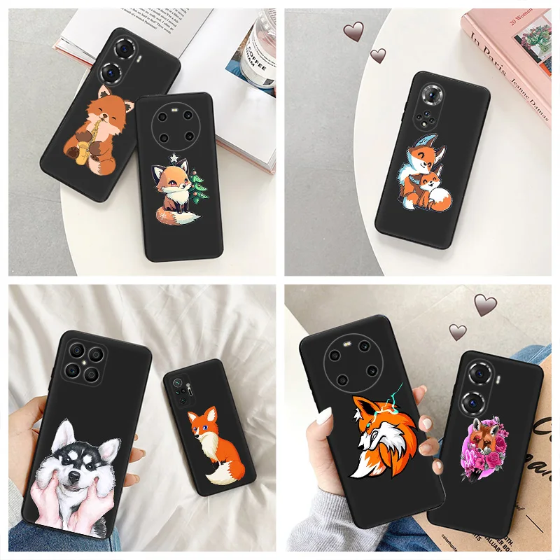 Silicone Black Phone Case for Honor x8b Magic5 x9 x7 b x6 x8 a 90 70 8x Winter Cute Fox Cartoon Pixel 6a 7a 8a 7 6 8 Pro Cover