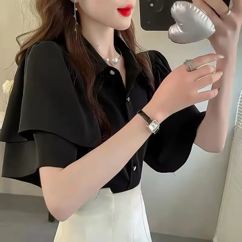 Senhora verão camisa solta nova blusa coreana solta cor sólida plissado manga curta chiffon topo senhoras