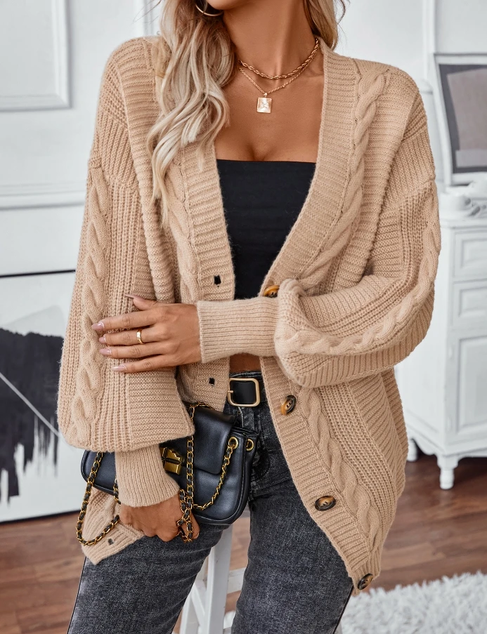 

Women's Jacket 2024 Autumn Winter Latest Knitted Cardigan Solid Color Retro Single Breasted Loose Lantern Sleeve Sweater Coat