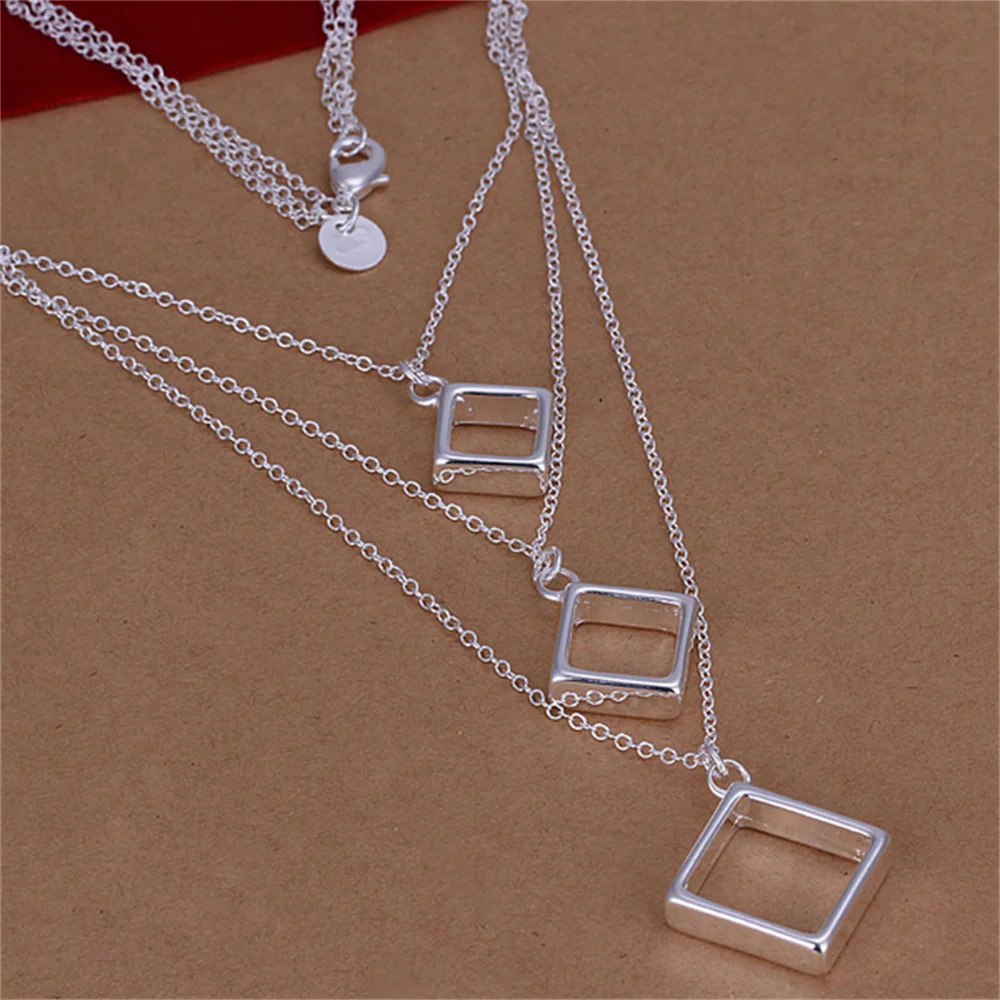 Andara 925 Sterling Silver Perforated Square Pendant Necklace Fashionable Women Party Wedding Engagement Jewelry Gift