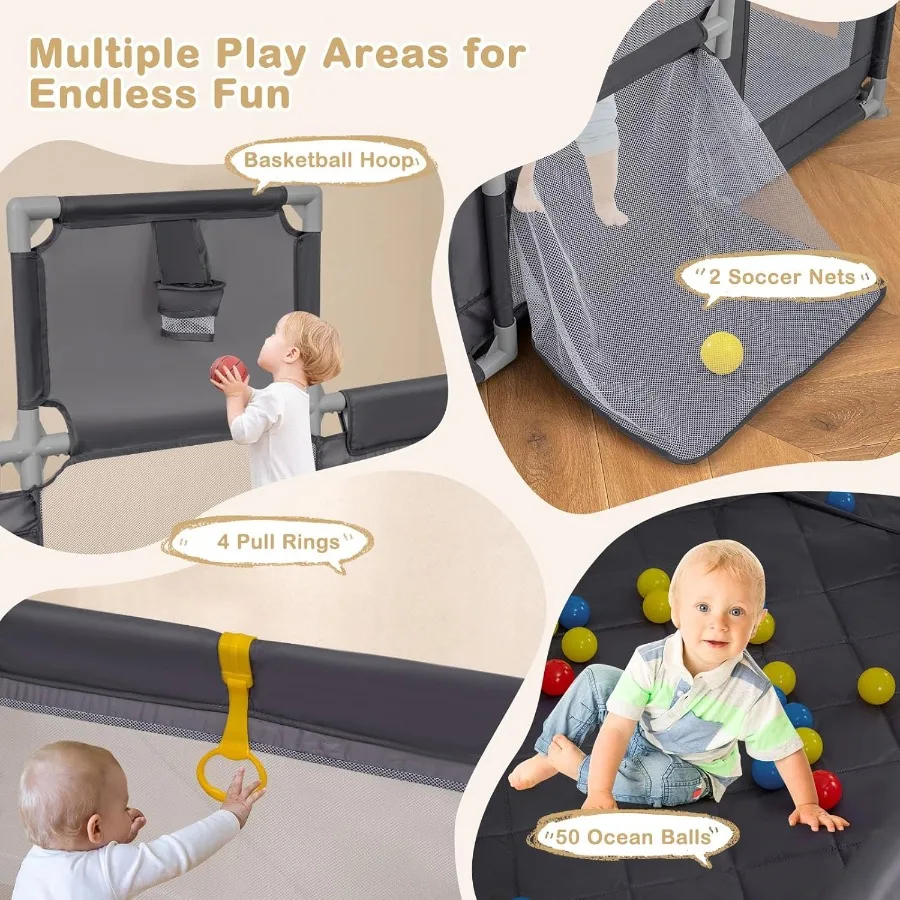 روضة أطفال مقاس 81 × 57 قلم لعب كبير جدًا مع شبكات كرة السلة وكرات المحيط وشبكة قابلة للتنفس وبوابات بسحاب داخلية أ