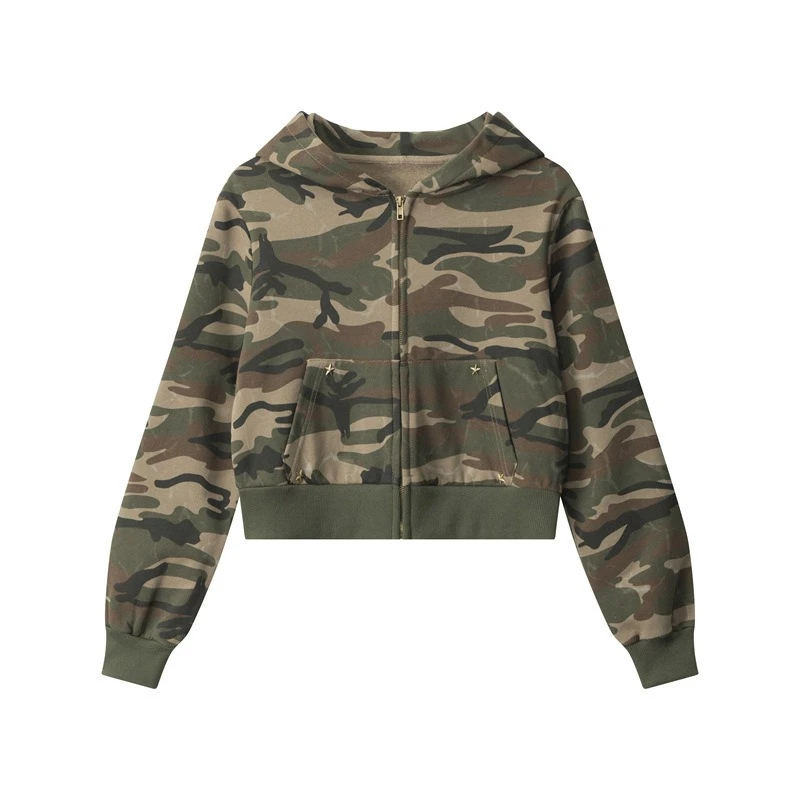 Camo Hooded Sweater Women's 2025 Spring and Autumn Zipper Retro Cardigan Jacket