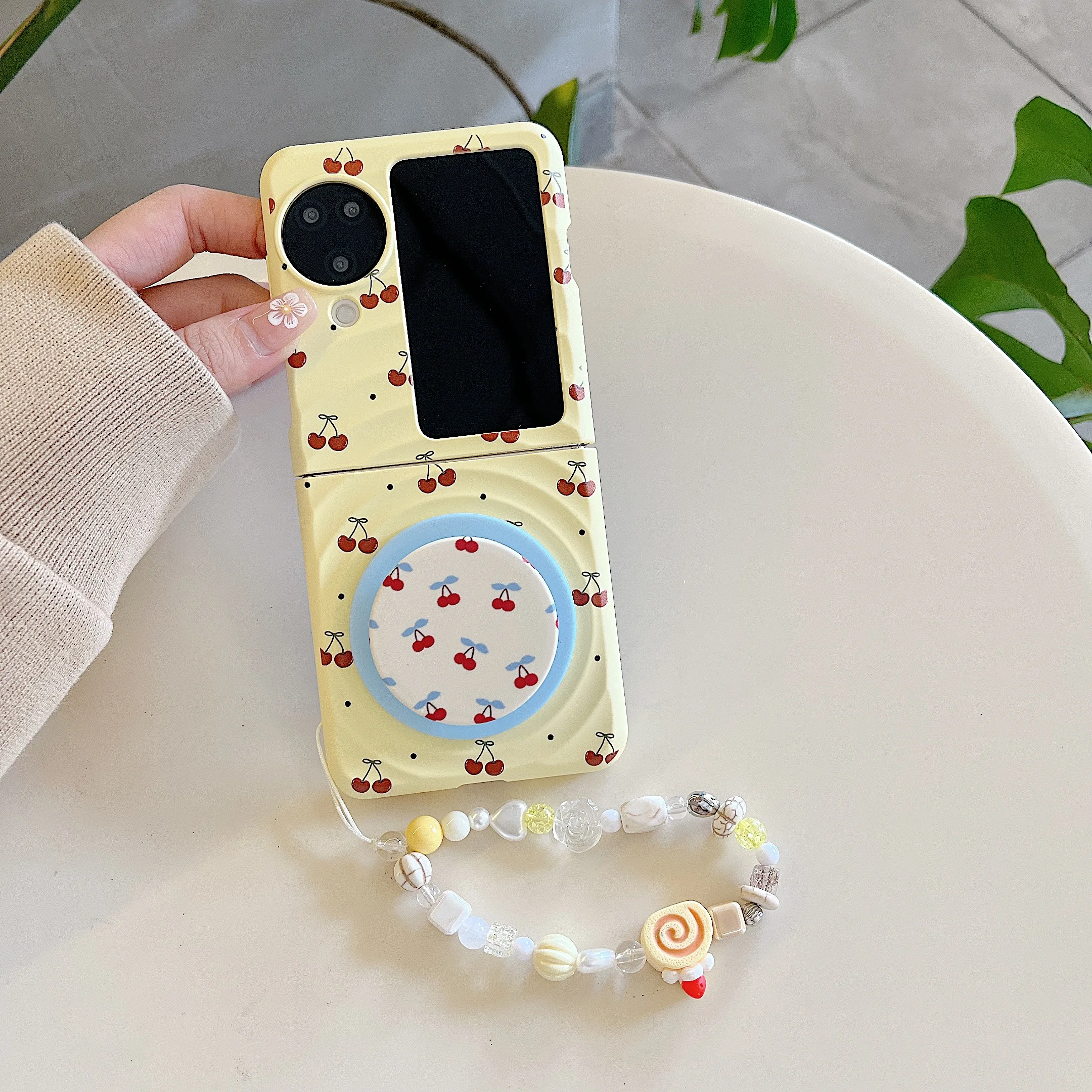 

Back Cover For OPPO Find N3 Flip Case Cherry Magnetic Attraction Bracket Bracelet Chain Hard Pc Shockproof Phone Case