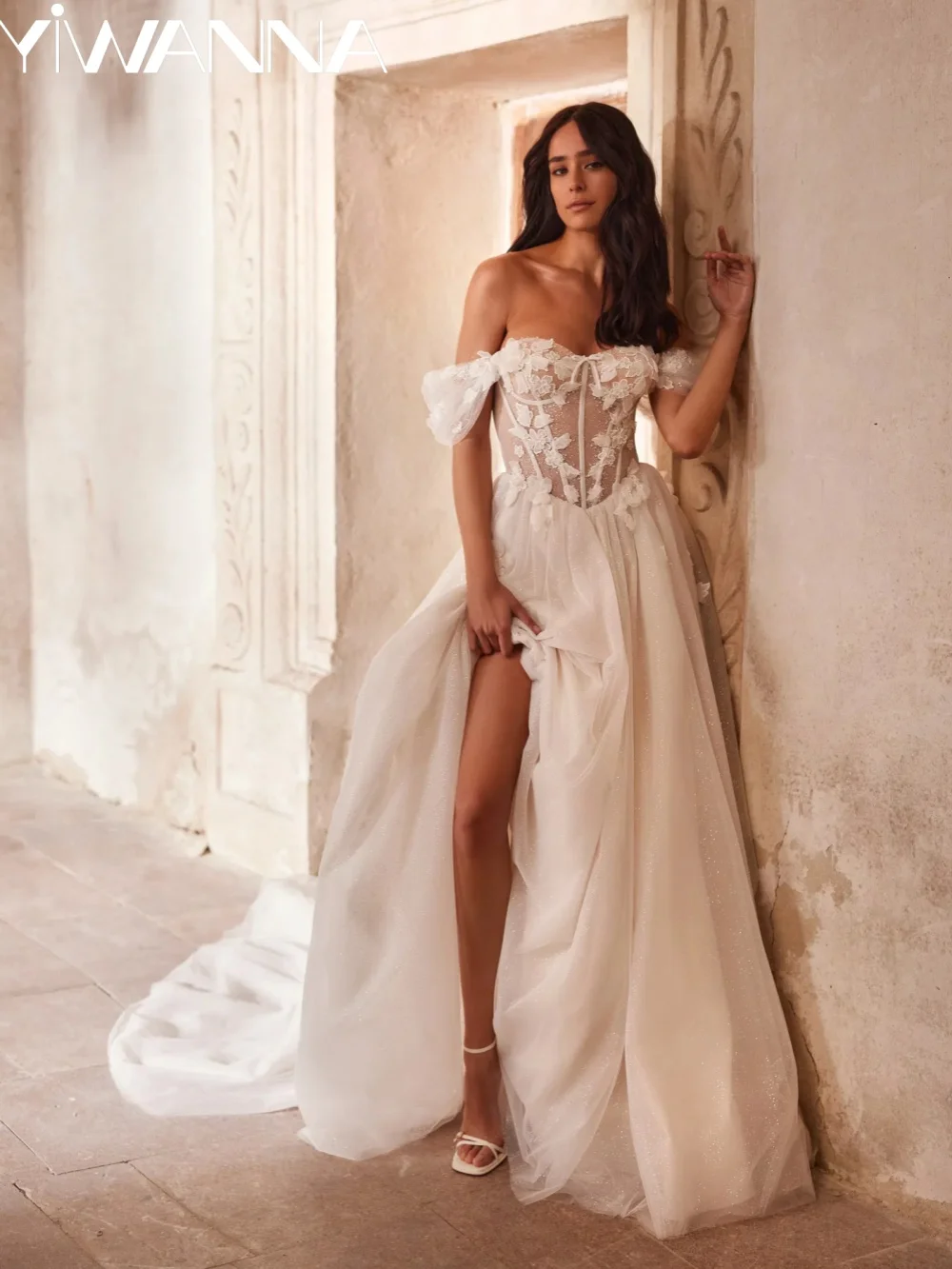 

A-line Glitter Tulle Long Wedding Dress 3D Floral Off Shoulder Bridal Gown Customized Modern Backless Dresses For Bride