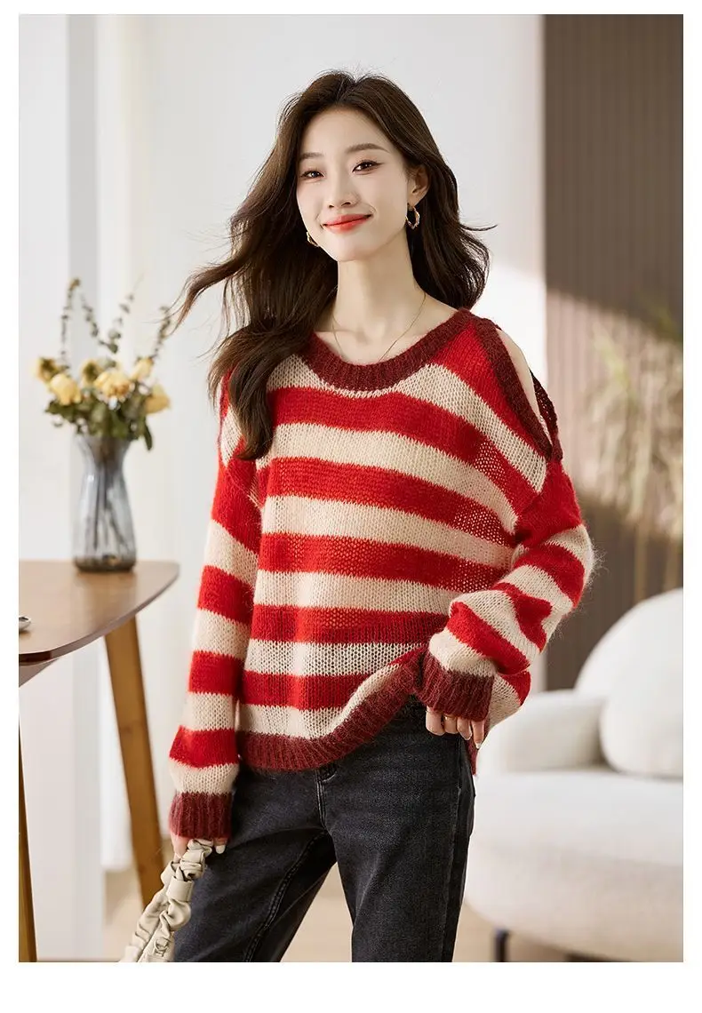 Korea Women Y2k Striped Sweater Oversized Long Sleeve Color Block Knitted Pullover Aesthetic Loose Crewneck Knit Tops