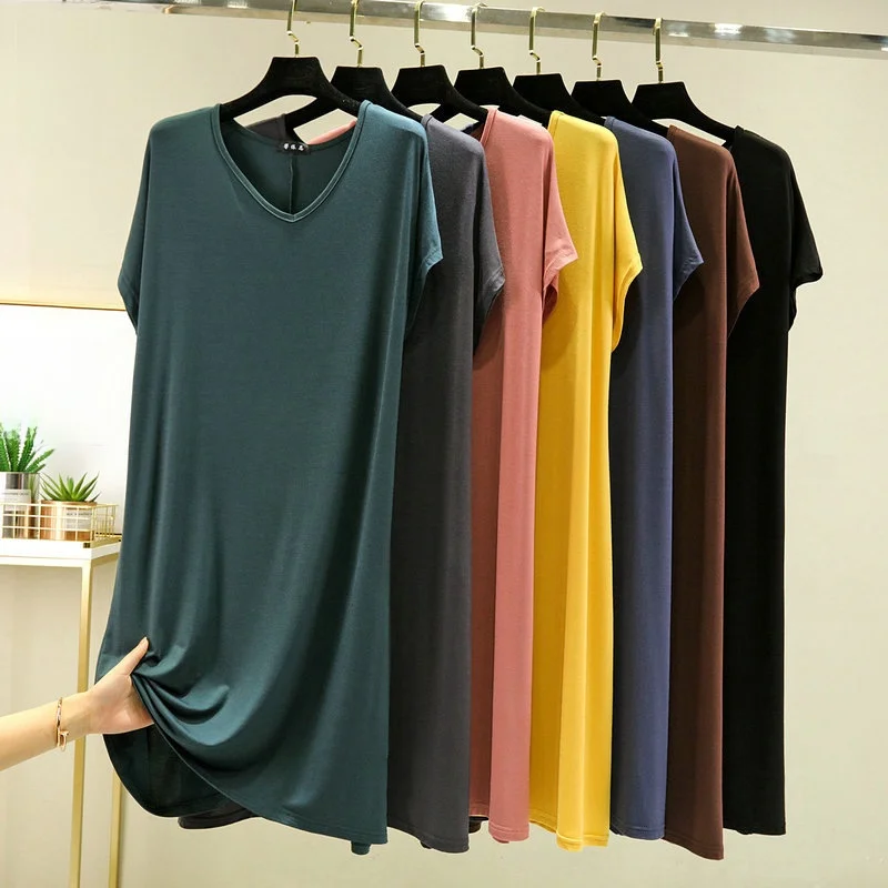 

Summer Cotton V-Neck Loose A-Line Short Sleeve Dress Thin Sleepwear Long Skirt Home Wear Outerwear Large Size Polyester Fiber