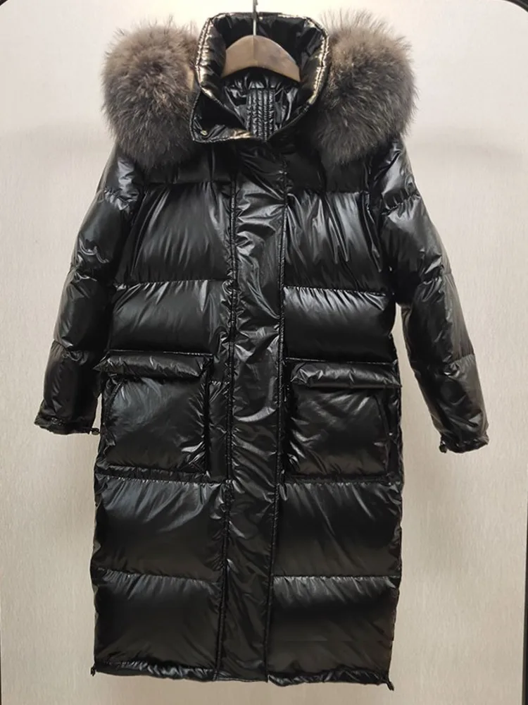 Oversized raccoon fur Down Jacket women Female Winter Natural RealFur Fur Collar 90% White Duck Down Warm Bright Leather Coat