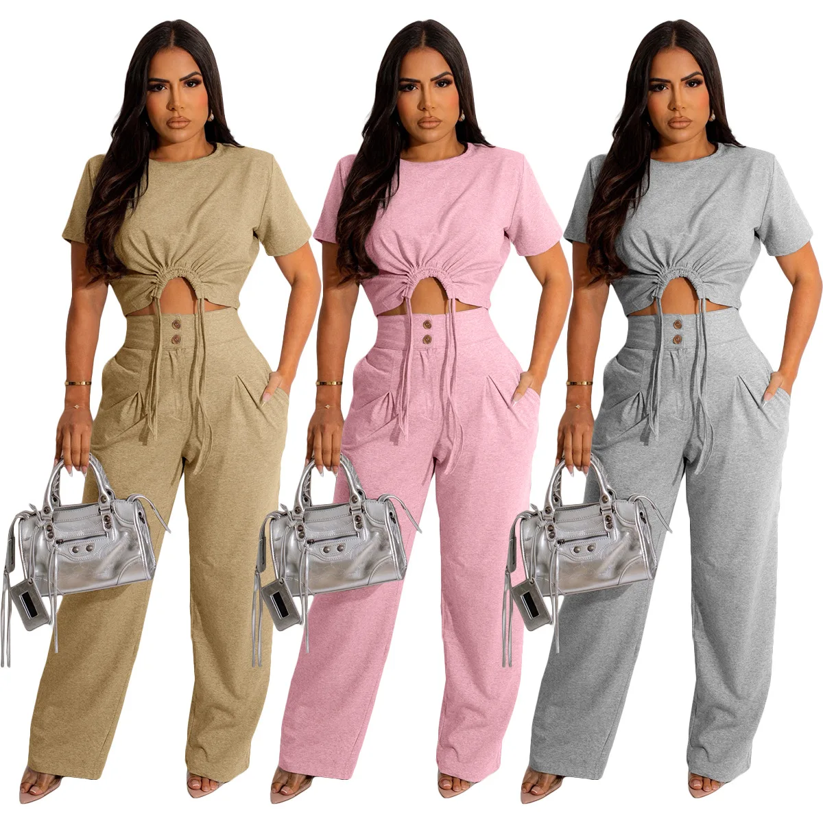 

Crop Tops Short Sleeve Pleated T-Shirt Loose Solid Color Button High Waist Wide Leg Pants Long Pants Two-Piece Set For Women