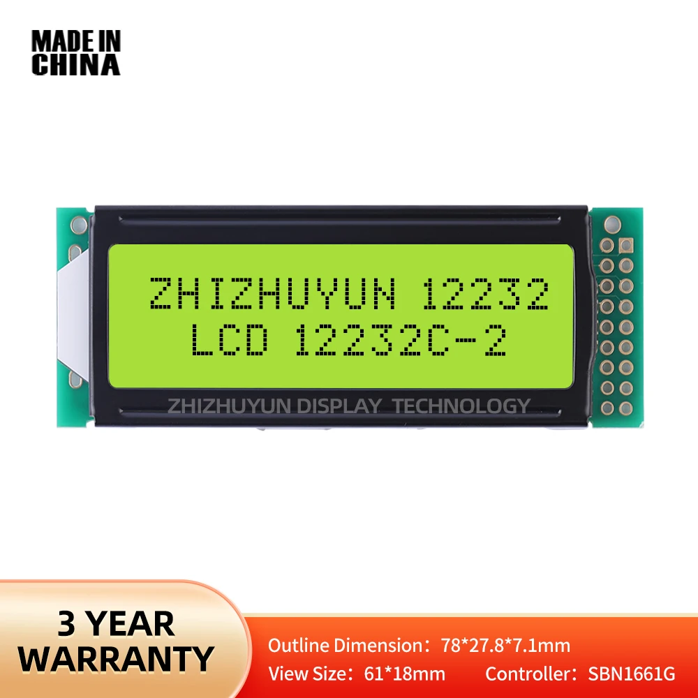 Tela LCD de interface de linha dupla, sem chumbo, placa PCB ouro afundando, tela de retroiluminação verde amarela, 18PIN, 12232C-2