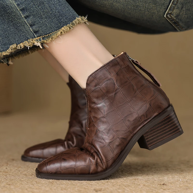 

Genuine Leather V-Cut Chelsea Boots for Women, Square Toe Ankle Booties, Slip-On Chunky Heel Boots, Plus Size Fashion Short Boot