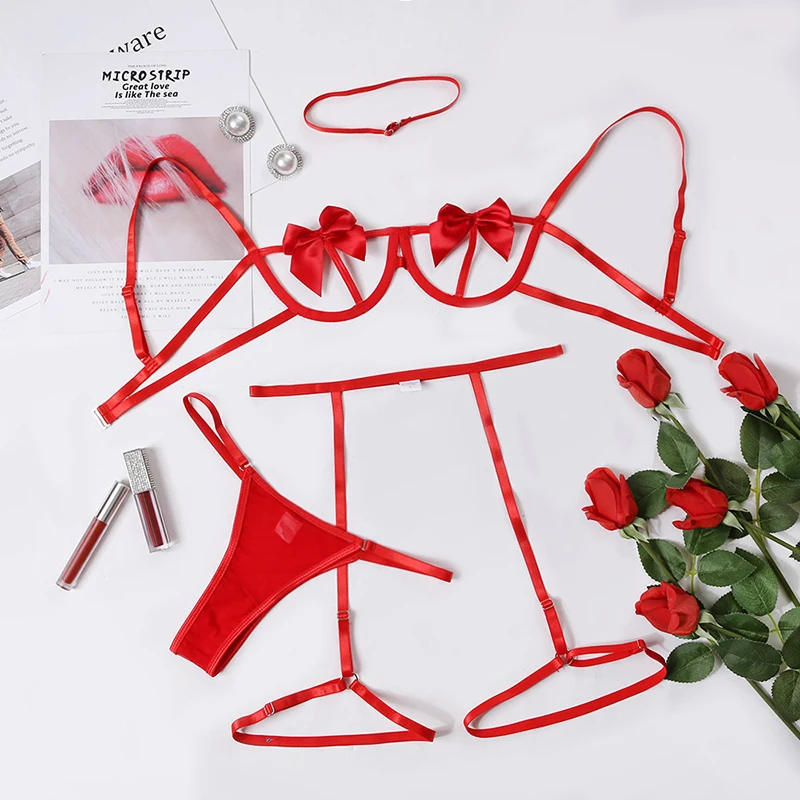 

4pcs/set Women Lingerie Set Transparent Lace Bra Thongs Garter Belt Necklace Underwear Sets Sexy Lingerie Erotic Hot Intimates