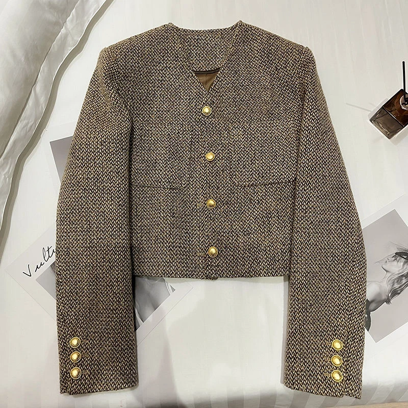 Lucyever Khaki Short Women Jacket Autumn 2023 England Style Simple Tweed Coat Woman Korean Chic Single-Breasted O-Neck Outerwear