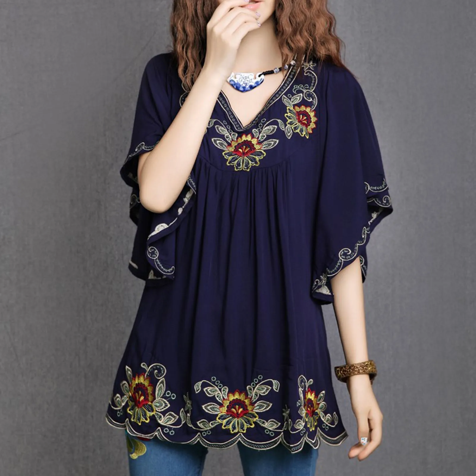 Tunic Women Mori Girl Embroidery Ethnic Retro Trend Top Shirt Bat Sleeve Short Sleeve Loose V Neck Large Size Korean Shirt