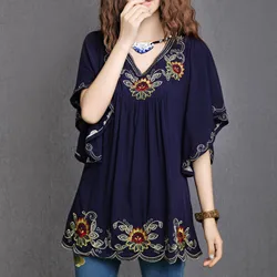 Tunic Women Mori Girl Embroidery Ethnic Retro Trend Top Shirt Bat Sleeve Short Sleeve Loose V Neck Large Size Korean Shirt