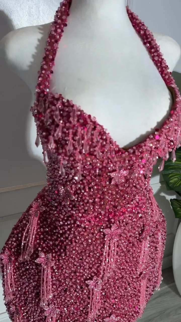 Sparkling Pink Beaded Short Cocktail Dress Halter Flowers Fringe Mini Prom Gown Luxury Party Dress Customized