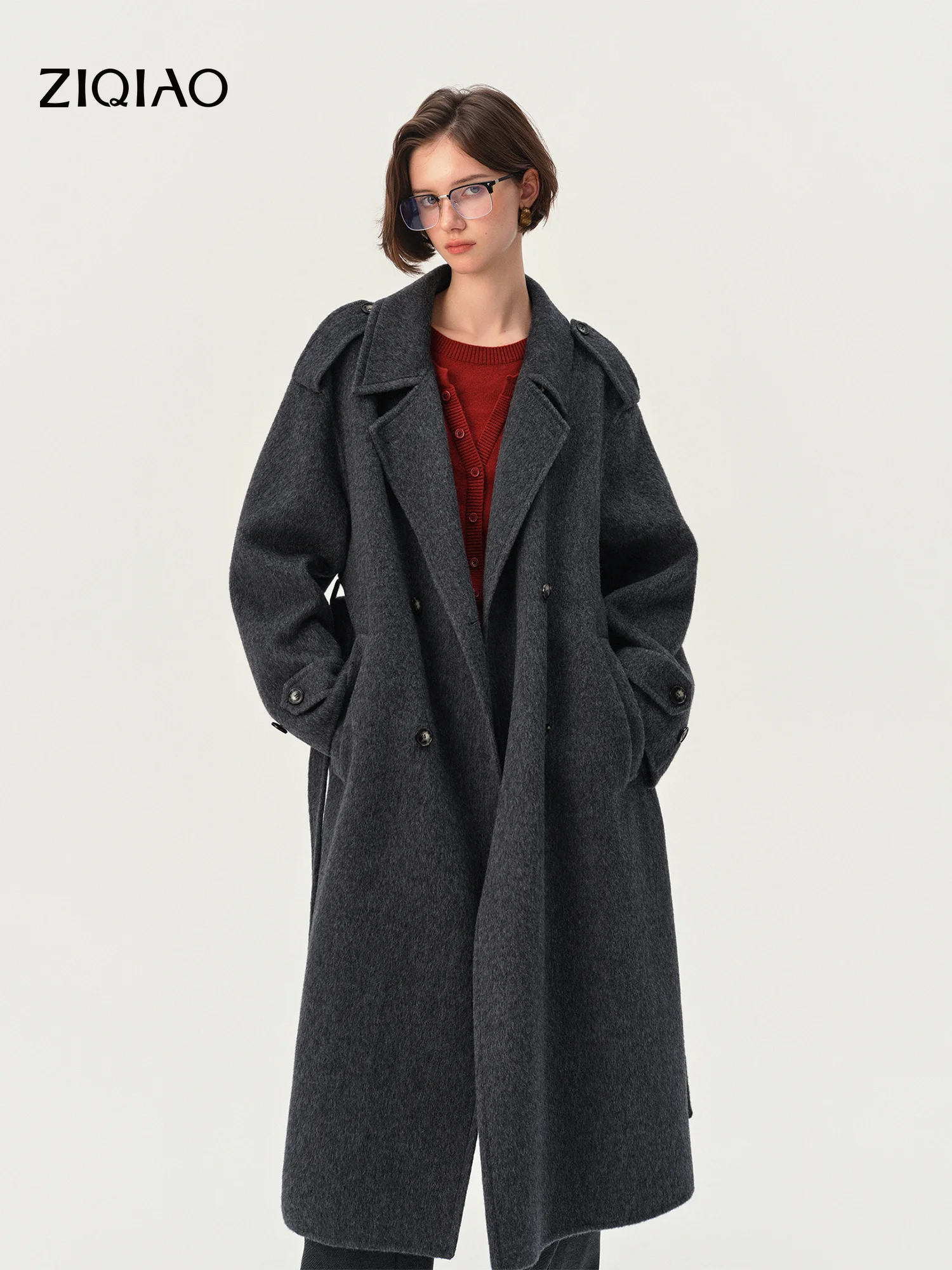 ZIQIAO Double-breasted Thickened Pure Wool Double-faced Wool Coat New Winter Style Women 2026 Long Loose Simple Commuting