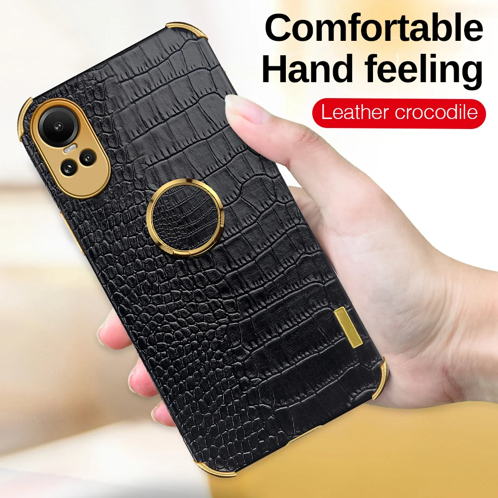 For Oppo Reno10 Pro Case Crocodile Pattern Leather Plating Funda Reno10Pro Plus Reno 10 Pro+ Cover Car Magnetic Ring Stand Capas