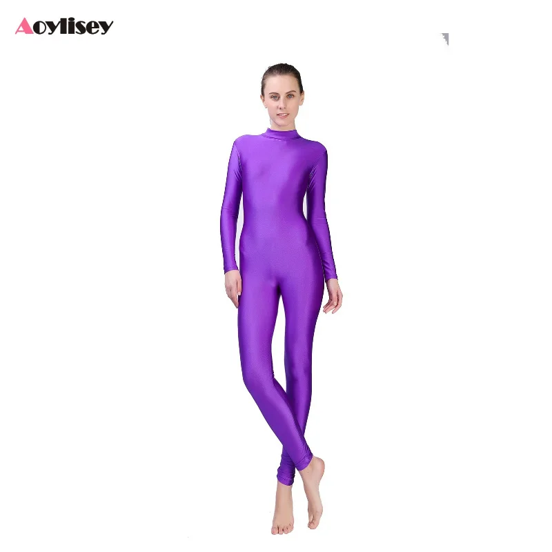 Women Full Body Unitard Turtleneck Back Zipper Dancewear Long Sleeve Ballet Spandex Jumpsuit Playsuit Workout Yoga Fitness