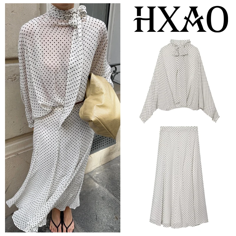 HXAO Conjunto de 2 piezas para mujer, conjunto de falda blanca con lunares, tops de manga larga, vestido largo, traje de verano, trajes elegantes para fiesta y vacaciones