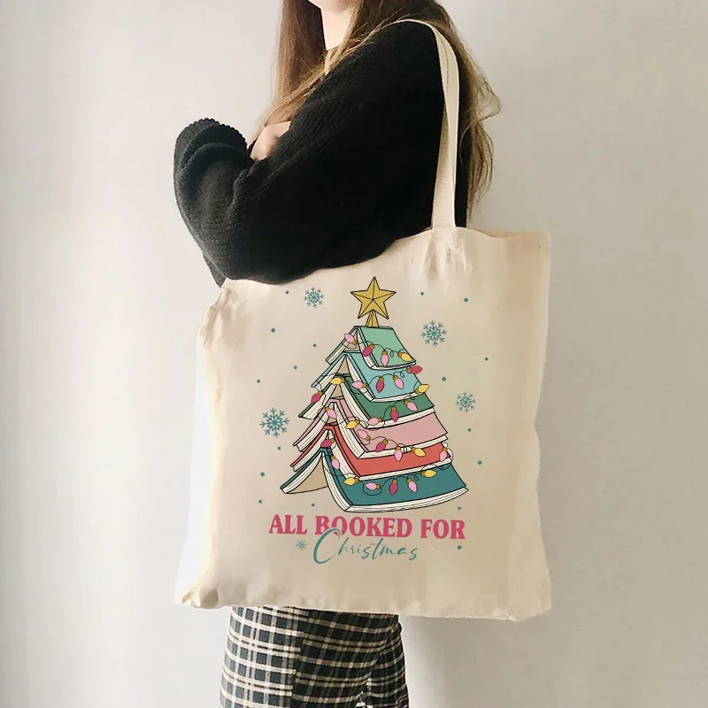 Christmas Book Tree Pattern Canvas Tote Bag Christmas Gift for Teacher Book Lovers Christmas Gift Large Capacity Shopping Bag