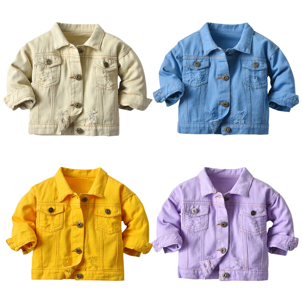 

Children's casual ultra short jeans new spring solid color long sleeve hole lapel fashion denim jacket thin