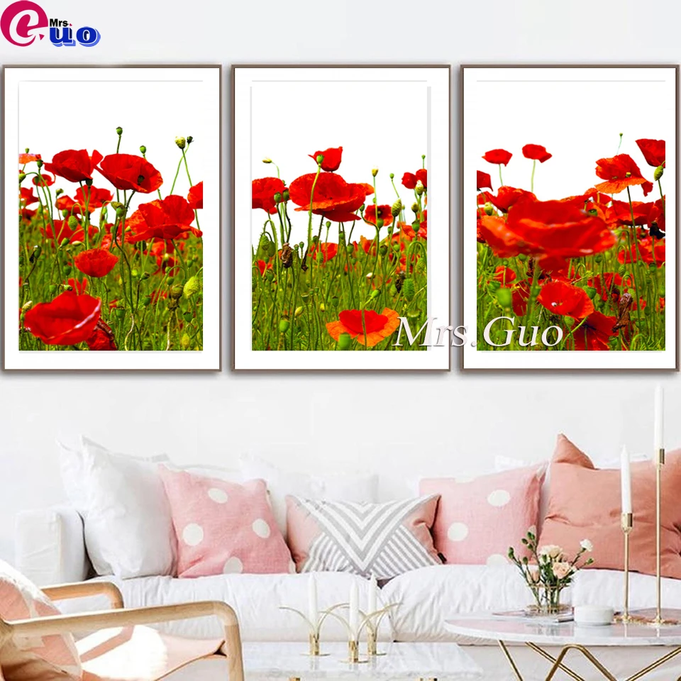 Red Poppy D DIY Diamond Painting Kits Triptych Full Round Drill Diamond Embroidery Crafts Mosaic Painting for Wall Home Decor