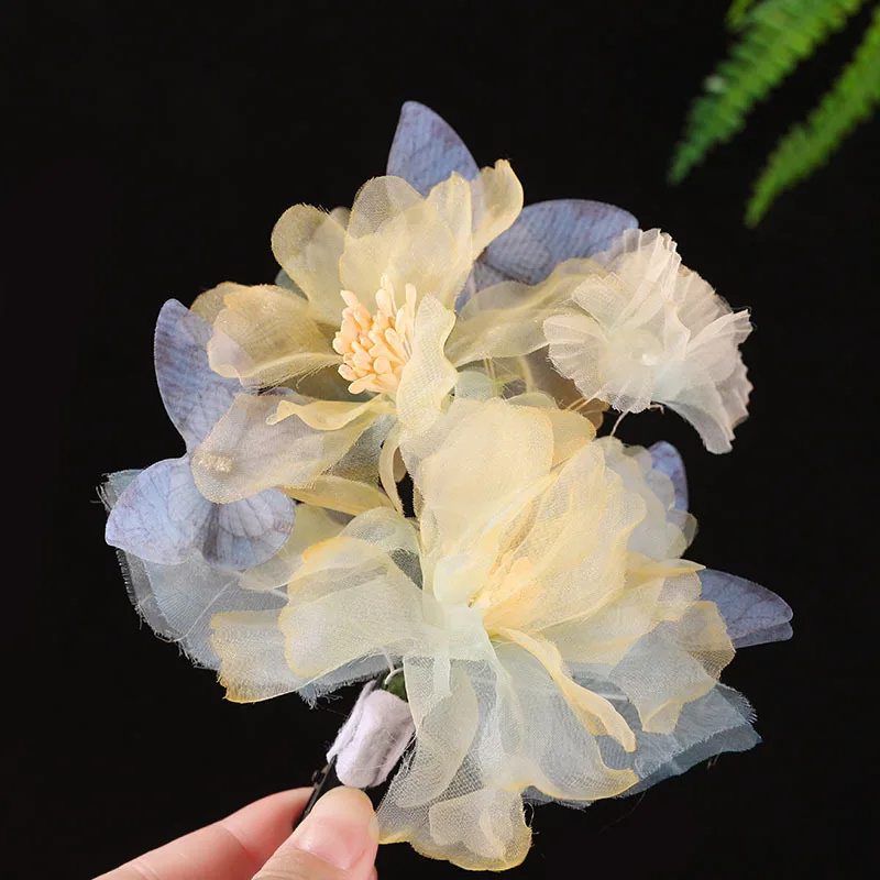 Bracelet Hand String Artificial Tulle Flower Hair Accessories Blue Butterfly Silk Flower Hairpin Song-Made Hanfu Headwear Daily
