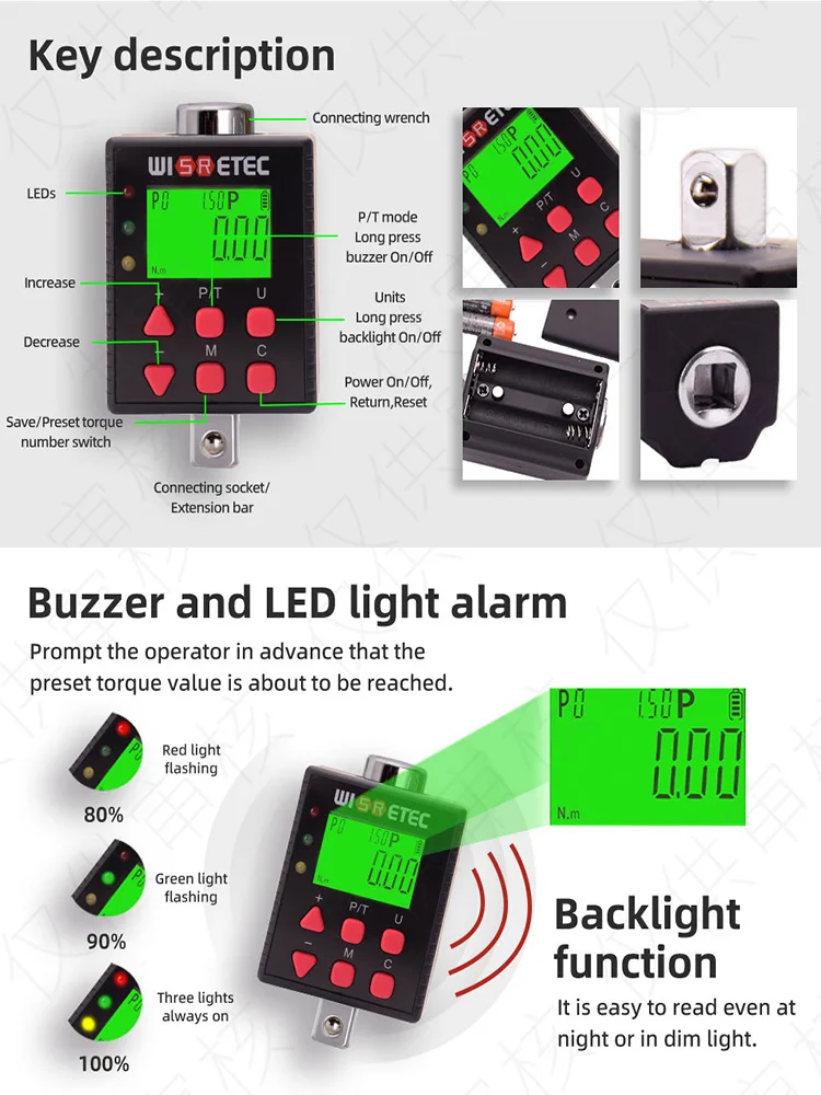 WISRETEC cyfrowy adapter klucza dynamometrycznego precyzyjny elektroniczny konwerter narzędzi momentu obrotowego i miernik z wyświetlaczem LCD