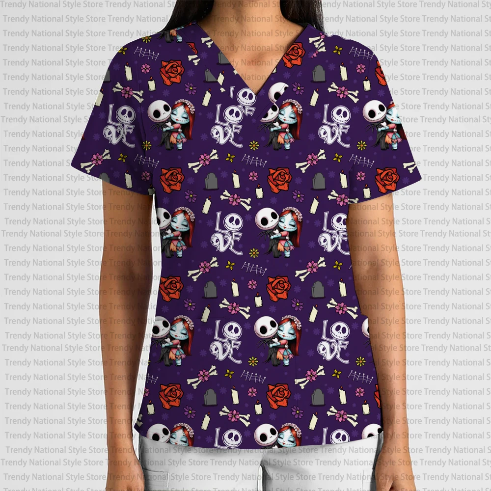 Women's V-Neck Scrub Top Hospital Uniform The Nightmare Before Christmas Jack and Sally Print Nursing Clothes Pet Shop T-shirt