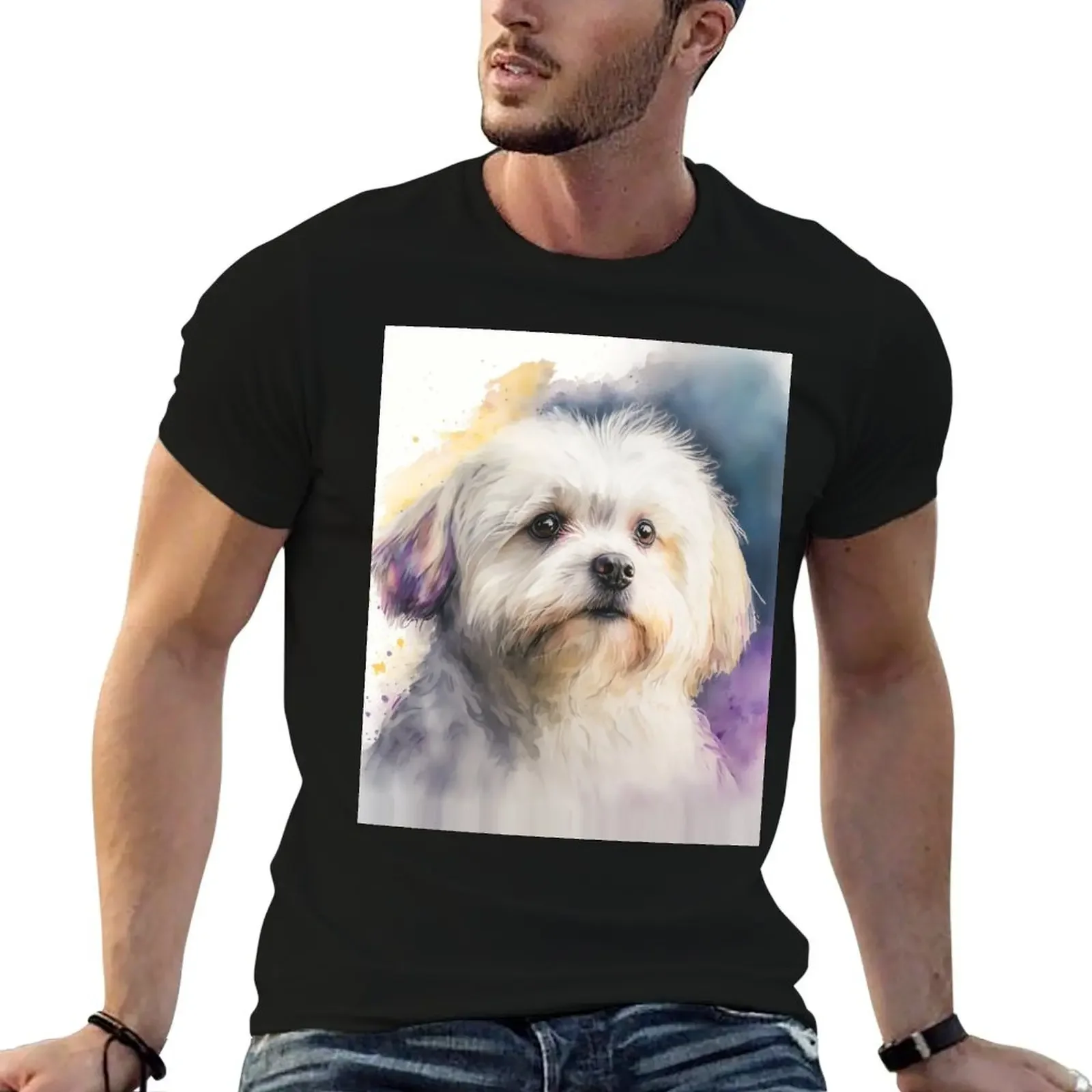 

Maltese Dog in Watercolor Illustration T-Shirt valentines boutique clothes anime summer tops men clothing